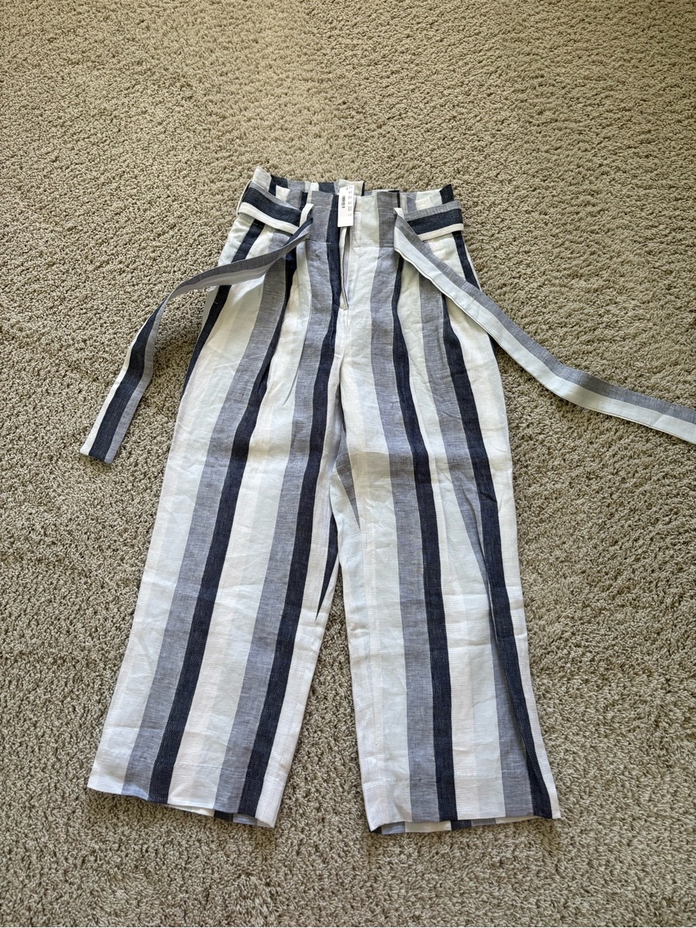 J. Crew Striped Paperbag Waist Wide-Leg Pants — Navy & White